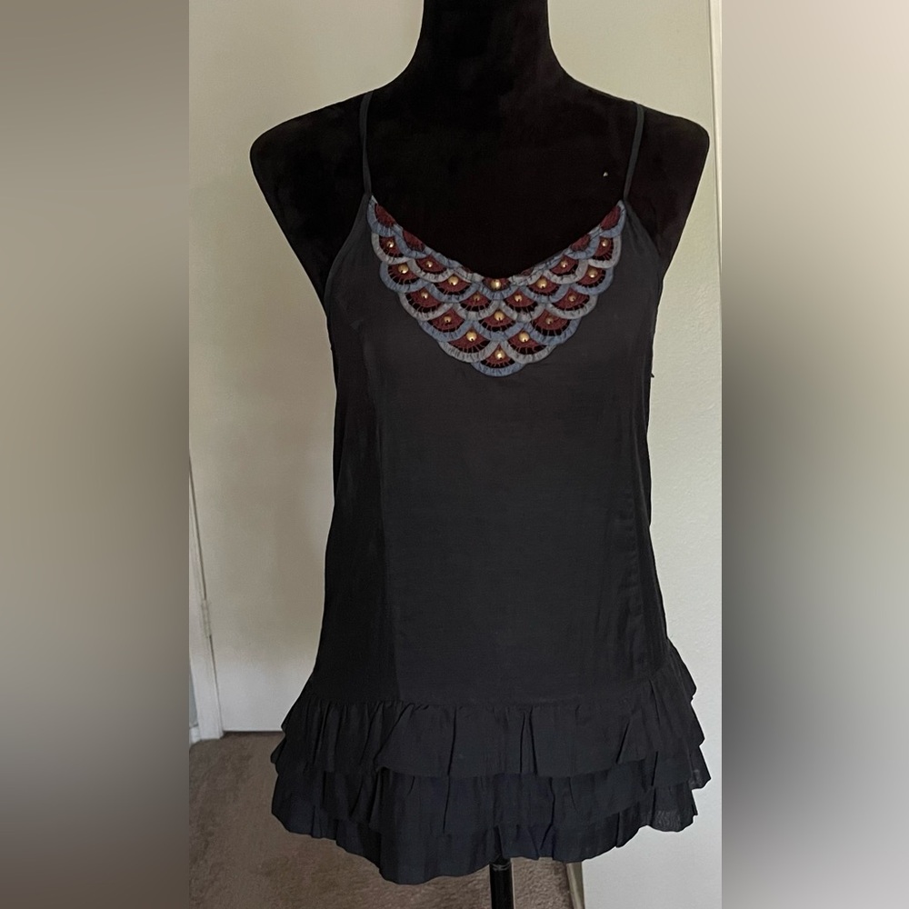 Free people navy blue tank top embroidered festival ruffle boho cotton casual SM
